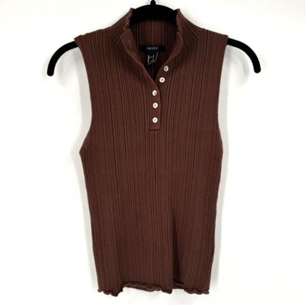 Vintage‎ Y2K Forever 21 Ribbed Lettuce Trim Chocolate Brown Collared Top Large